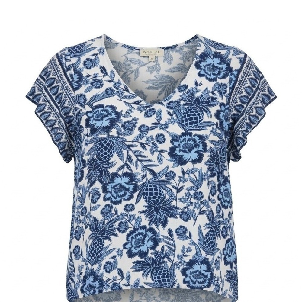 Rachel Zoe Top Women 2X Blue Floral Pineapple Ruffle Sleeve V-Neck